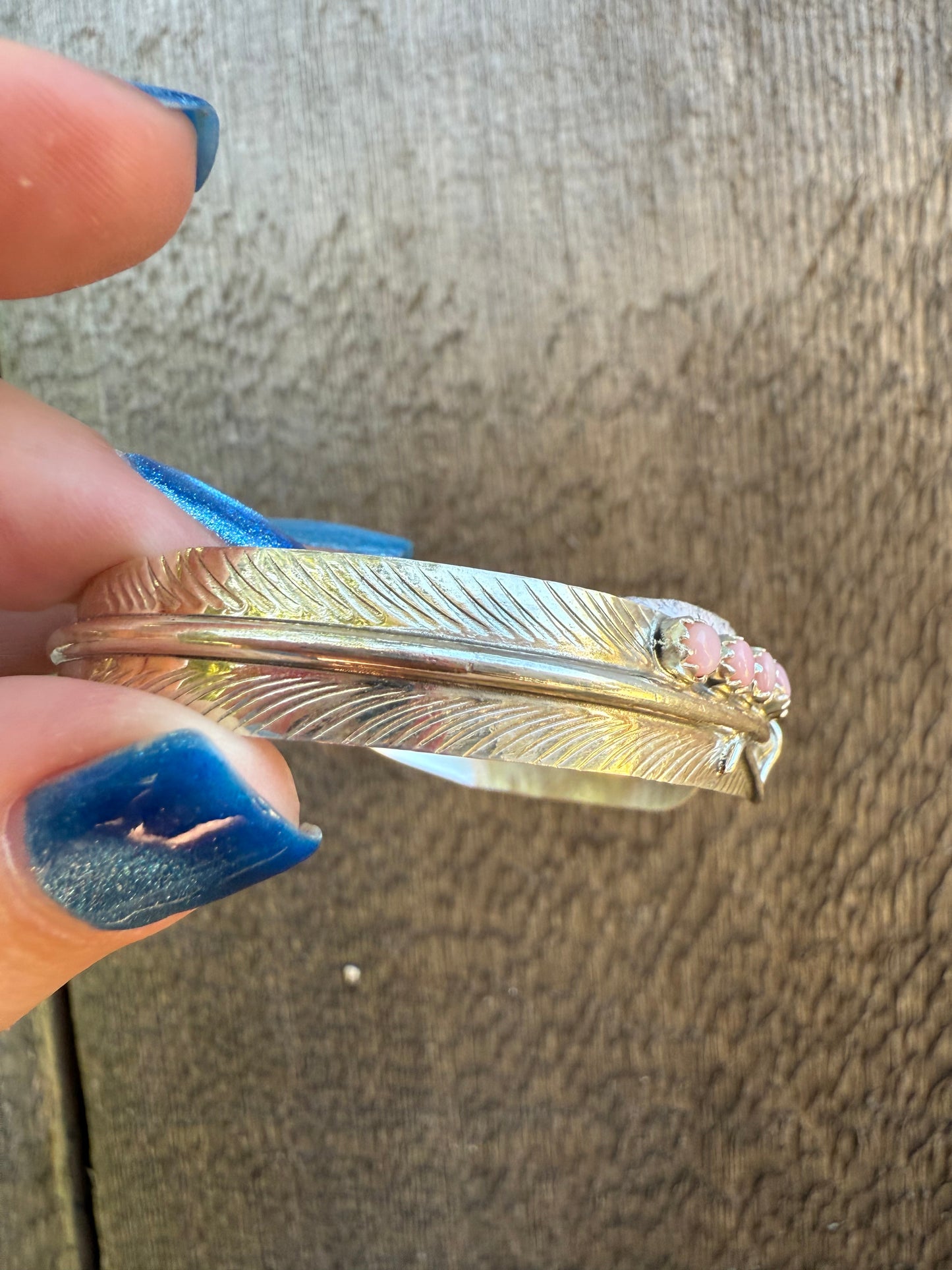 Navajo Pink Conch Feather Sterling Silver Cuff Bracelet by Aaron Davis
