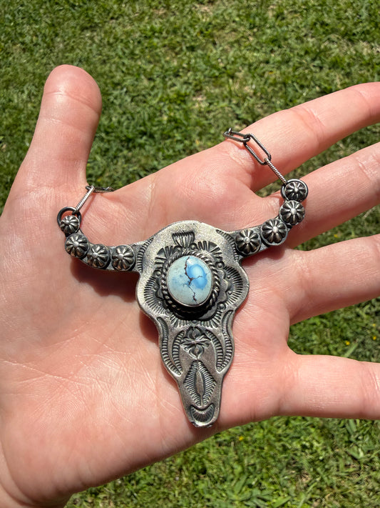 Navajo Golden Hills Turquoise Longhorn Sterling Silver Necklace