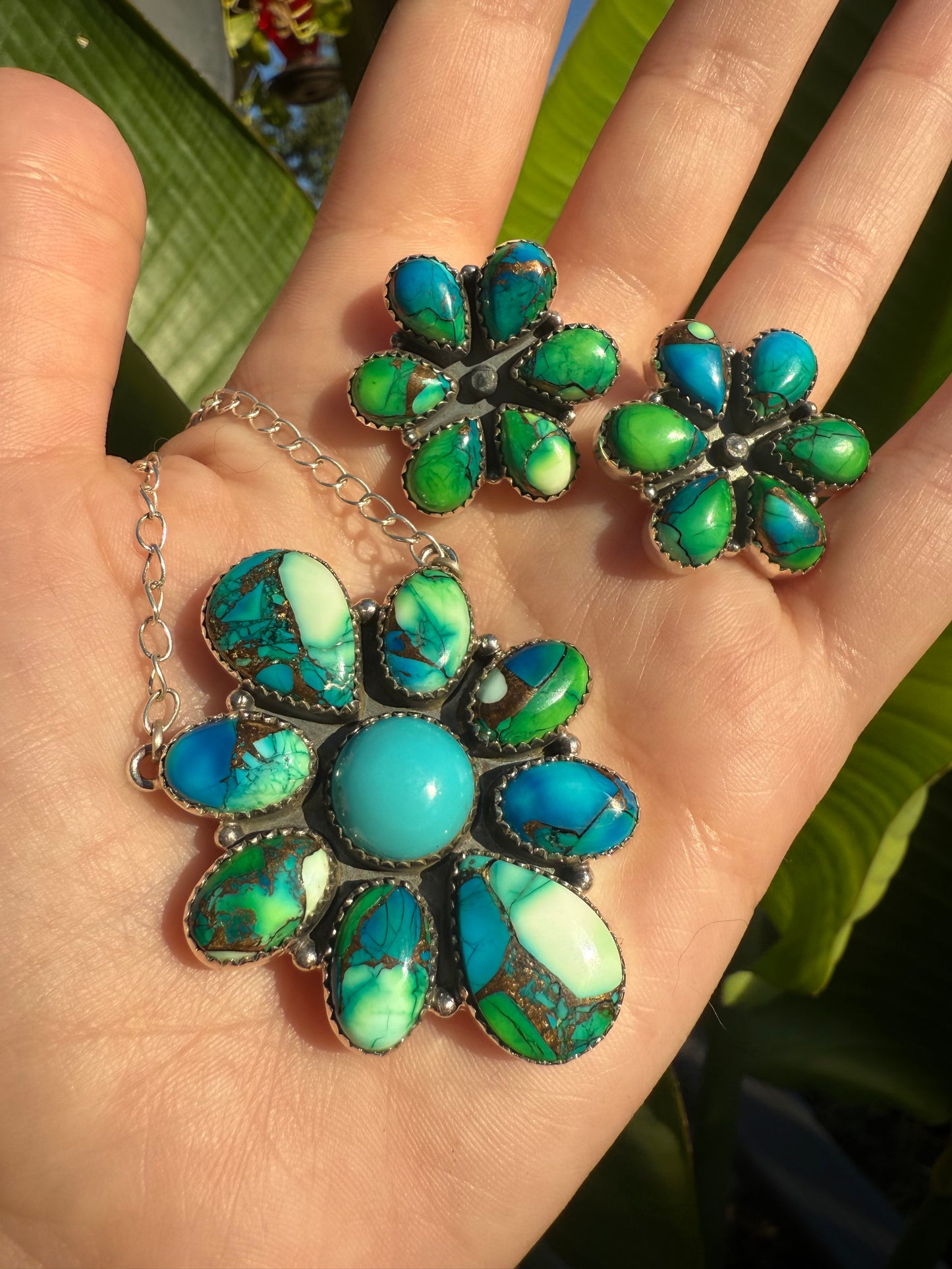 Peacock Dahlia Flower Green and Blue Sterling 925  Earrings