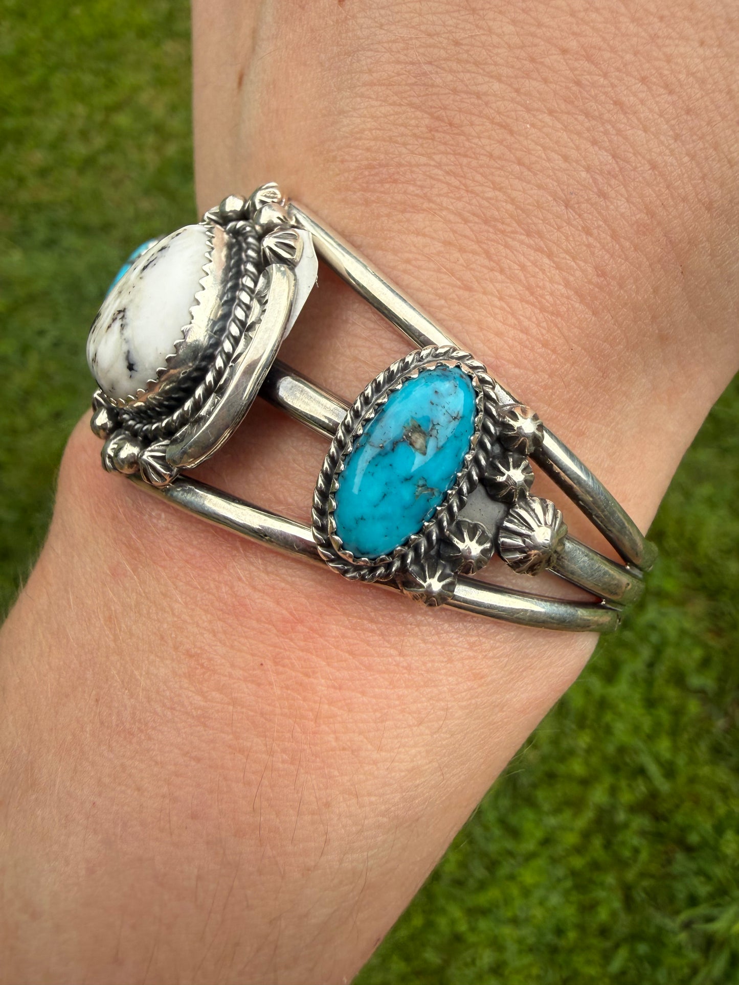 Navajo White Buffalo and Turquoise  Sterling Silver Cuff by Lorraine Yellowhair