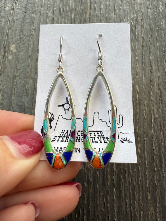 Multi Color Inlay Dangle Hoop Sterling Silver Earrings