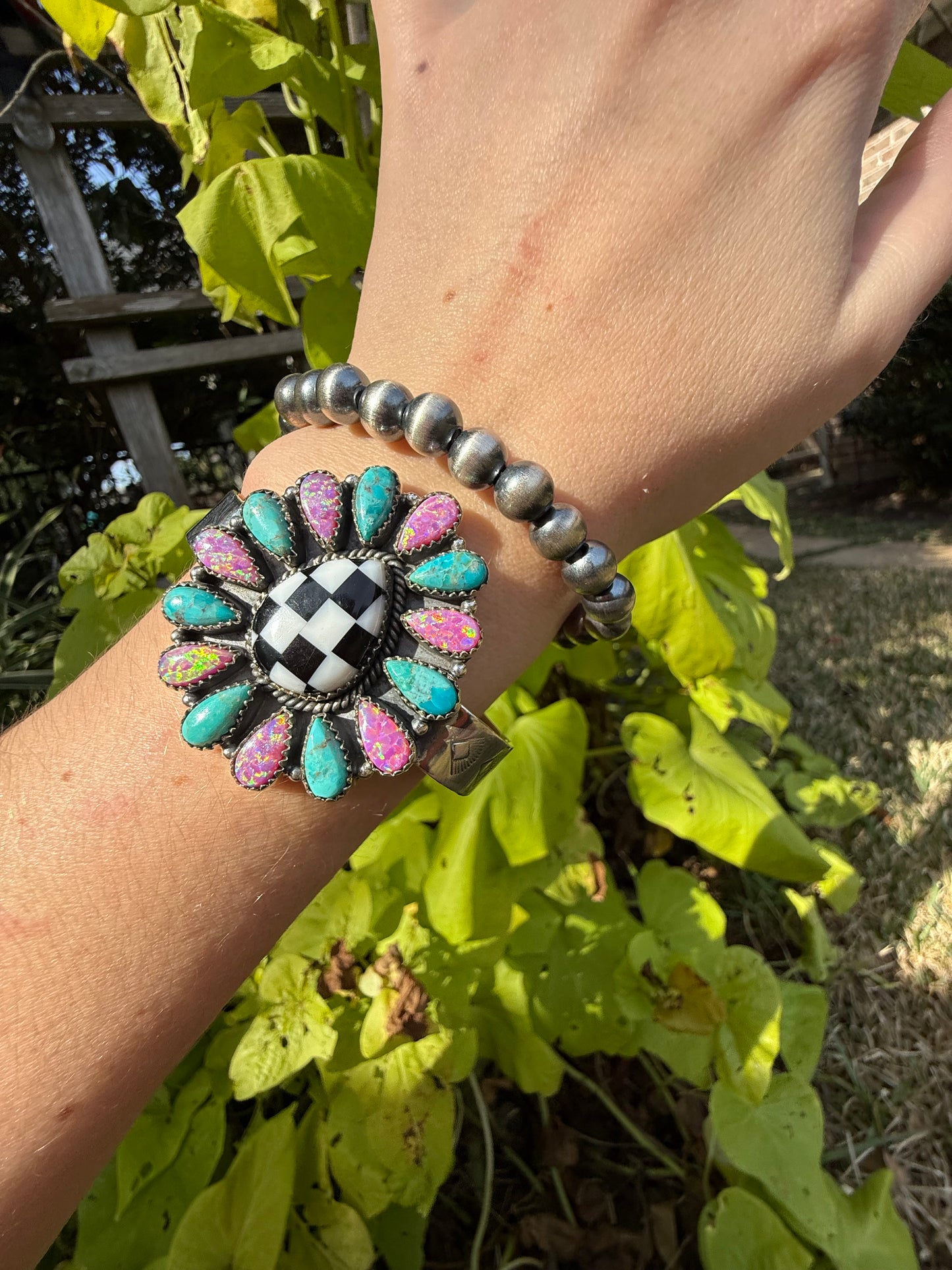 Checkered Pink and Blue Balloon Opal Statement Sterling Silver Cuff