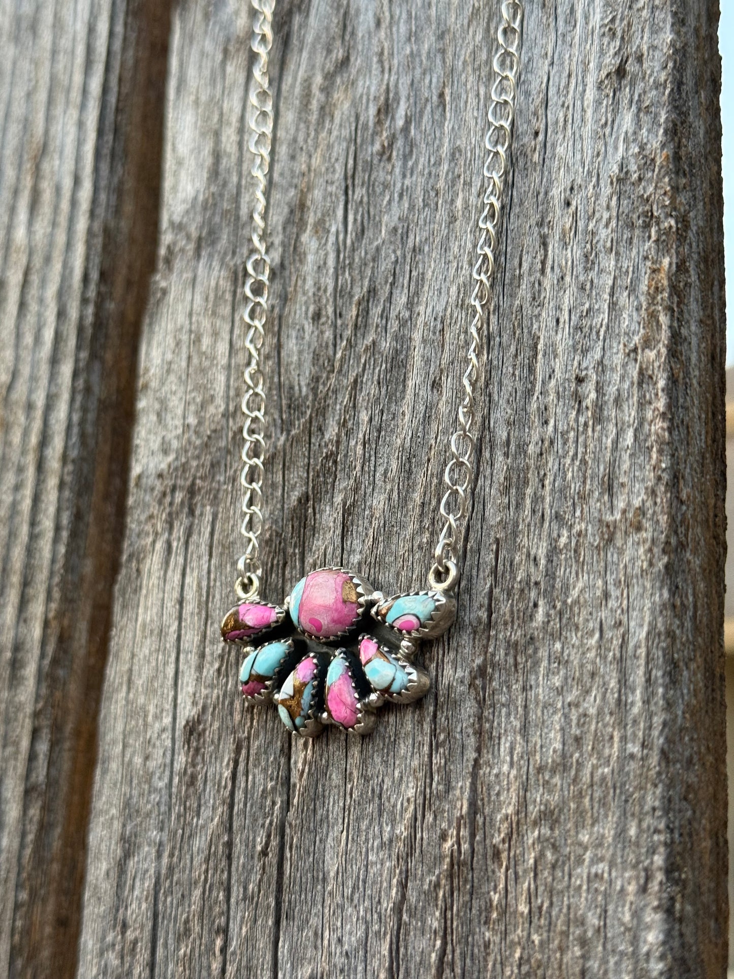 Cotton Candy Turquoise Half Flower Necklace 925 Sterling Silver