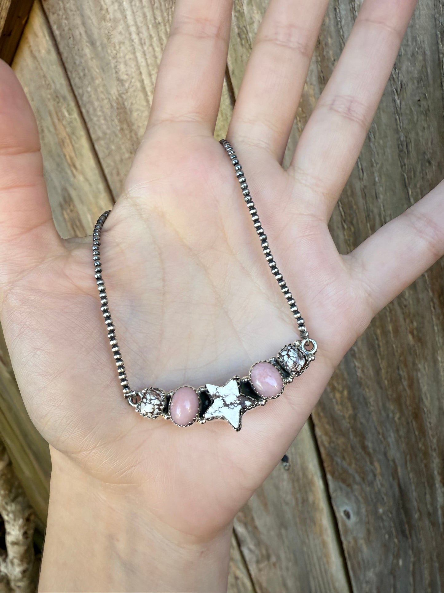 Wild Horse Pink Opal Star Desert Pearl Sterling Silver Necklace