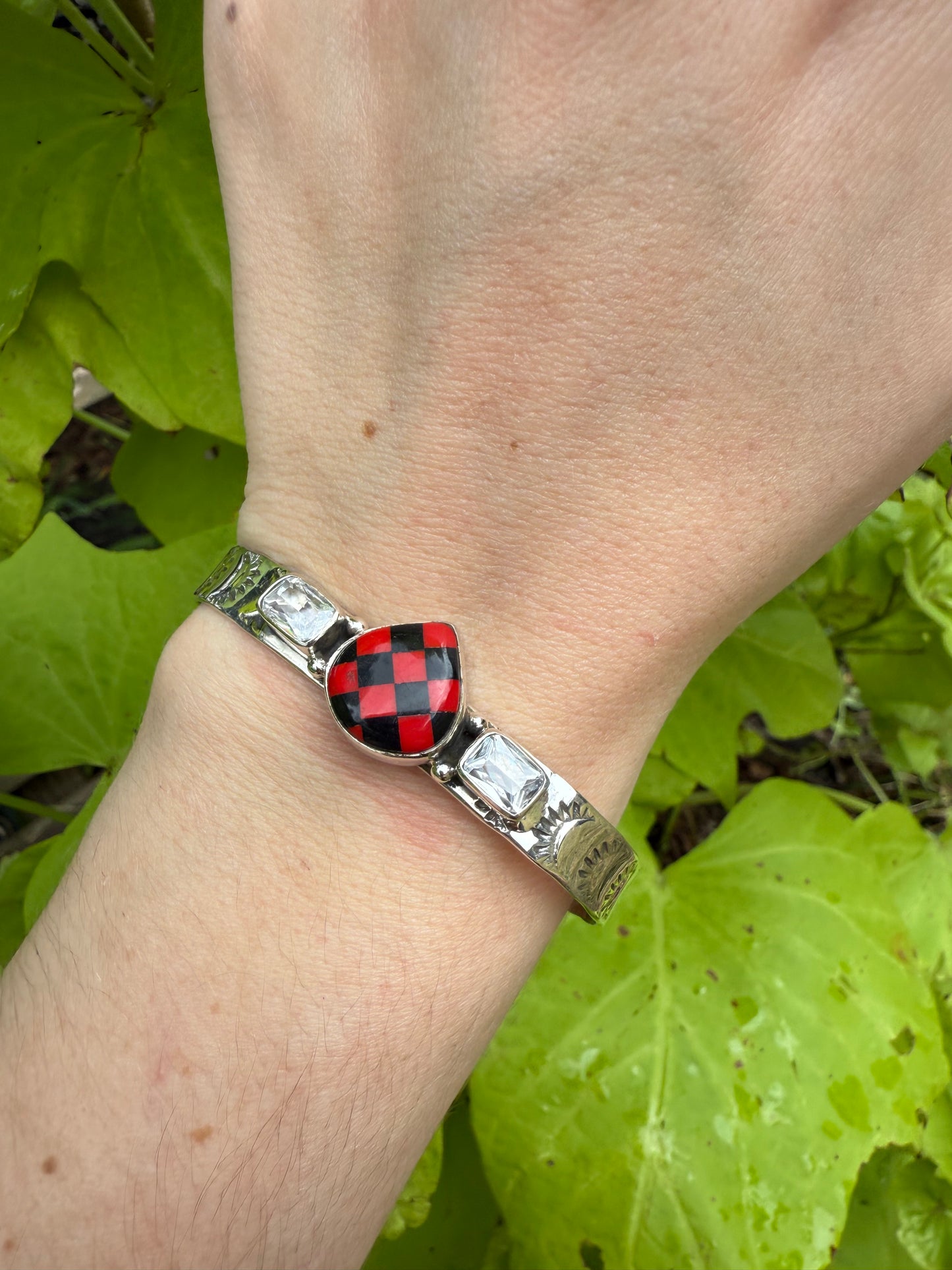 Red and Black Checkered Sterling Silver 925 Cuff