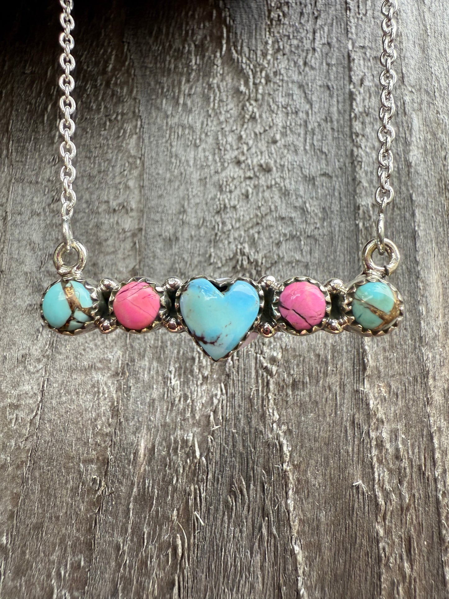 Cotton Candy And Golden Hills TurquoiseHeart Sterling Silver Bar Necklace