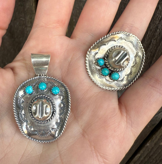 Navajo Turquoise Cowboy Hat By Bobby Platero Sterling Silver Pendant and Ring