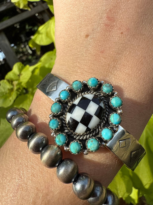 Turquoise and Checkered Flower Style Sterling Silver Cuff