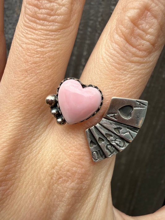Playing Card and Pink Conch Heart Sterling Silver Ring - Size 8