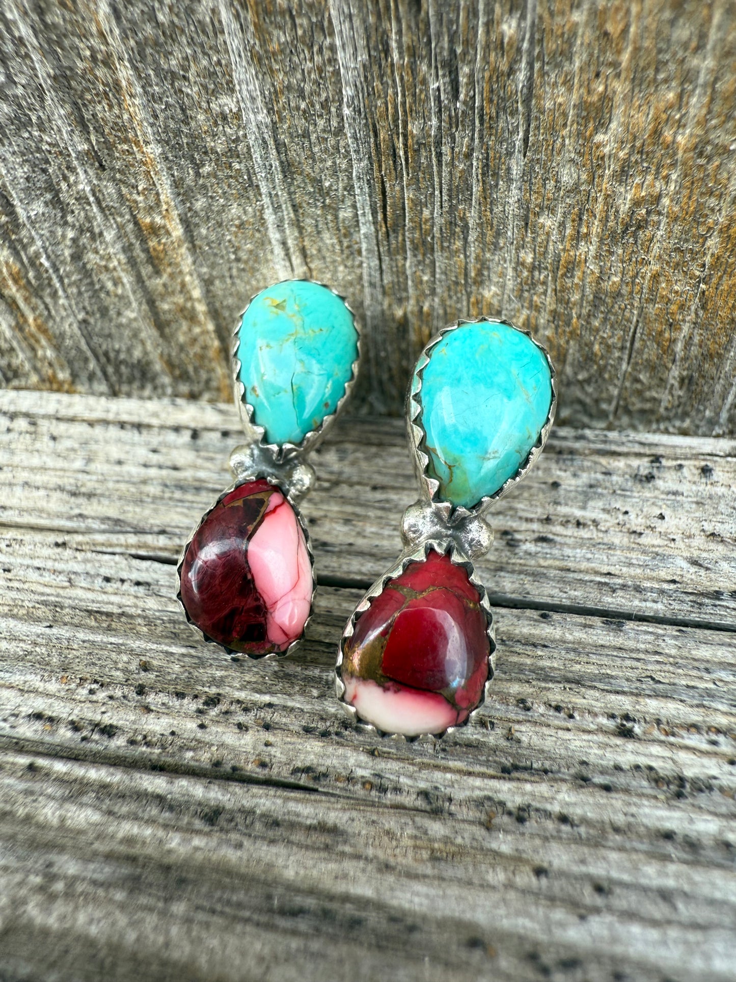 Turquoise and Rose Dahlia Teardrop Sterling Silver 925 Earrings