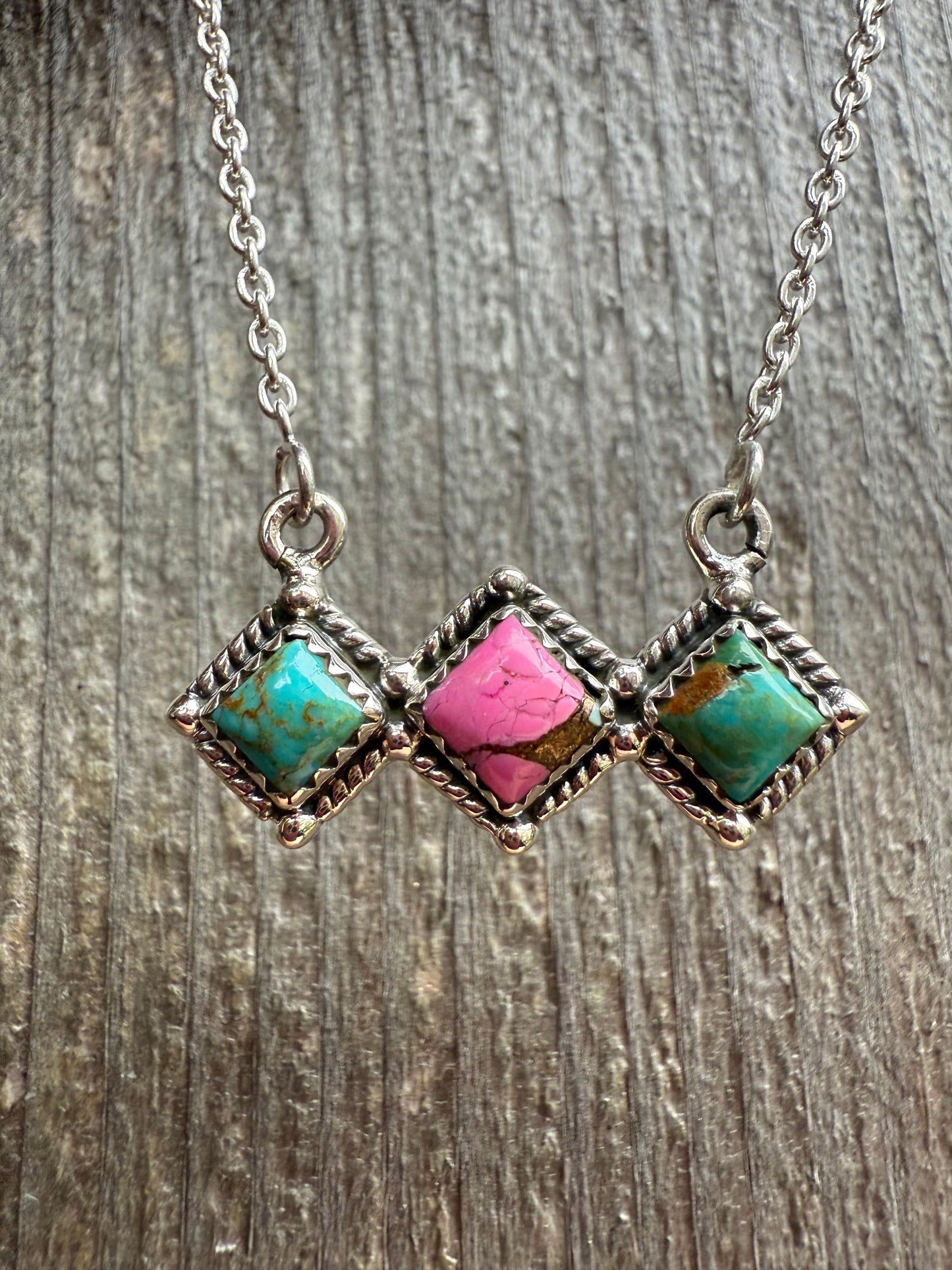 Cotton Candy And Turquoise Diamond Bar Necklace