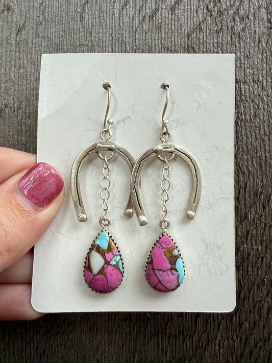 Cotton Candy Turquoise Horseshoe Dangele Sterling Silver Earrings