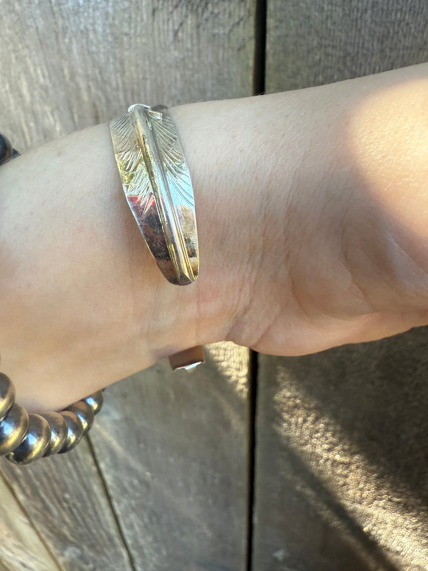 Navajo Pink Conch Feather Sterling Silver Cuff Bracelet by Aaron Davis