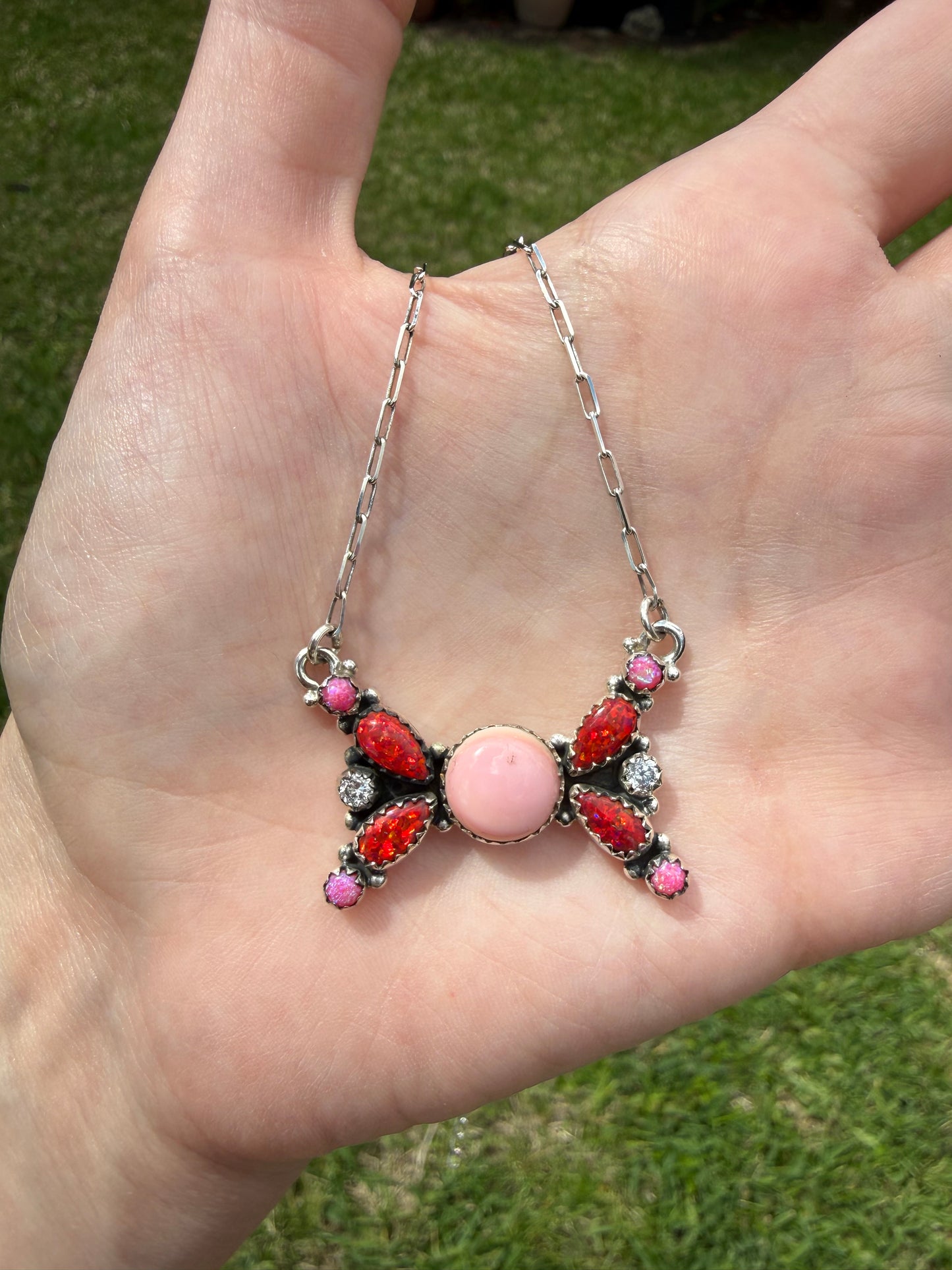 Pink Conch, Red and Pink Balloon Opal Sterling Silver 925 Necklace
