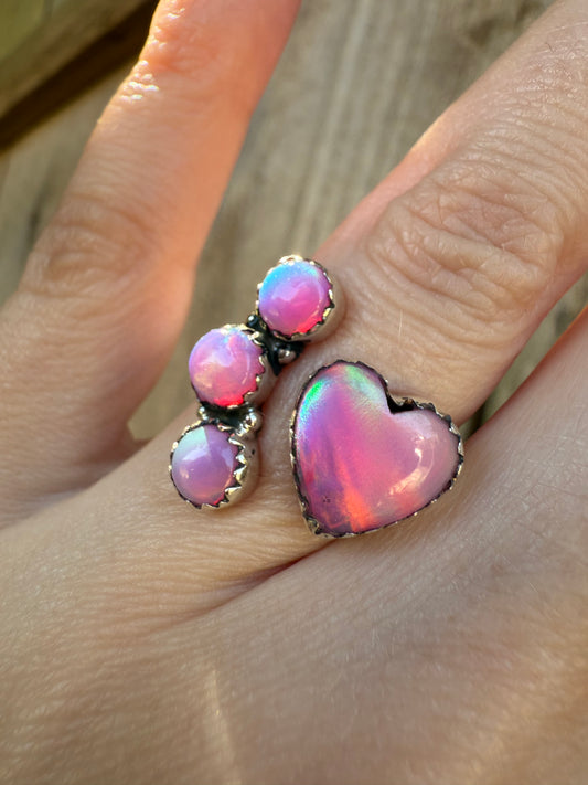 Pink Balloon Opal Heart Floater Sterling Silver Ring