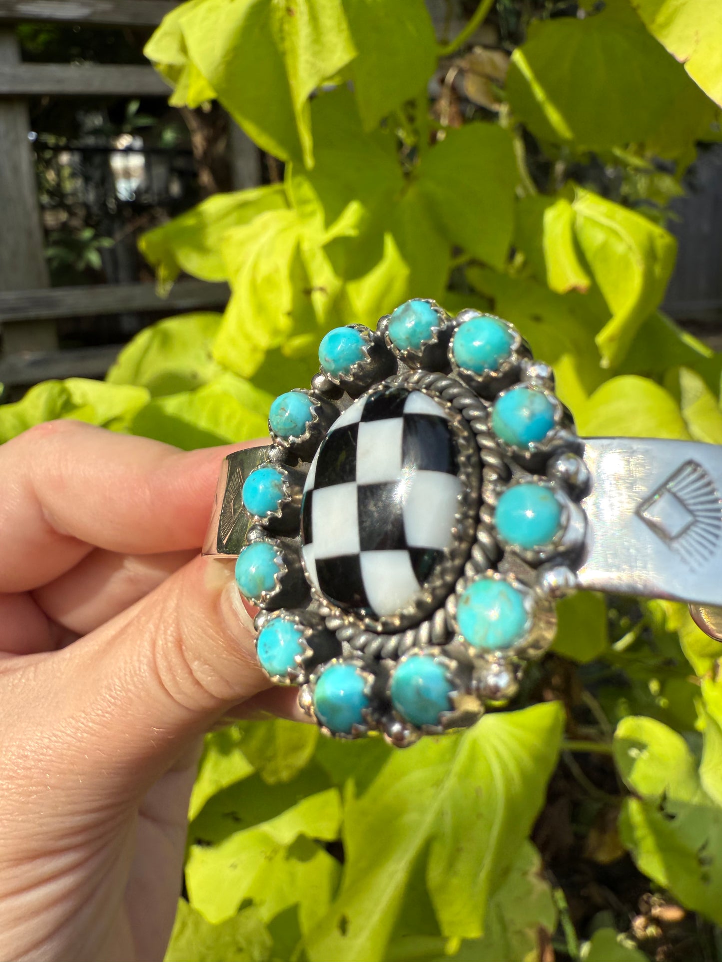 Turquoise and Checkered Flower Style Sterling Silver Cuff