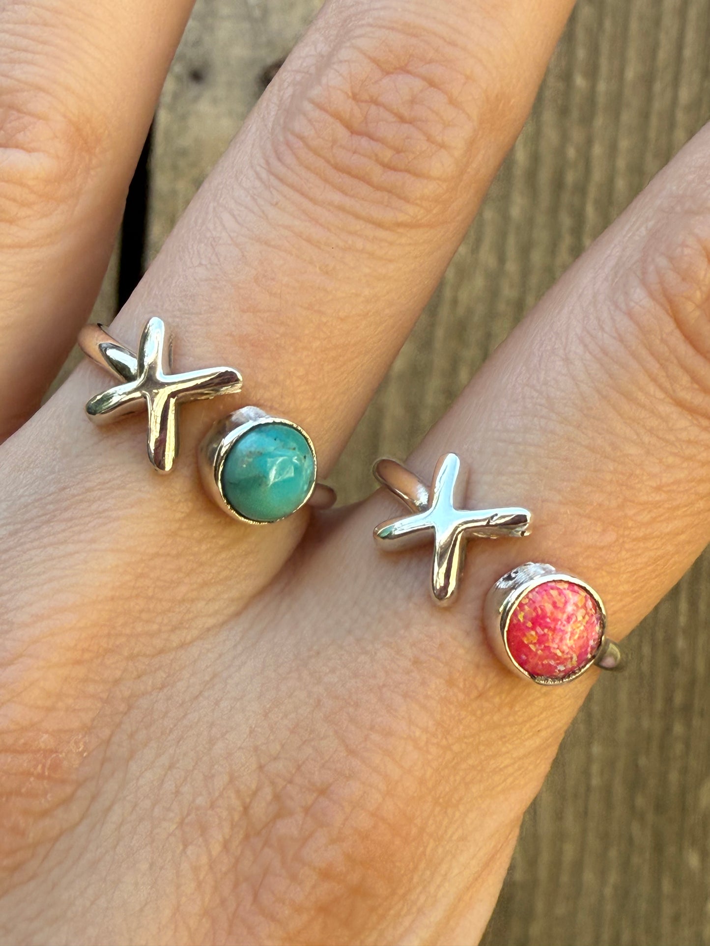 X and O Turquoise and Balloon Opal Sterling Silver Ring