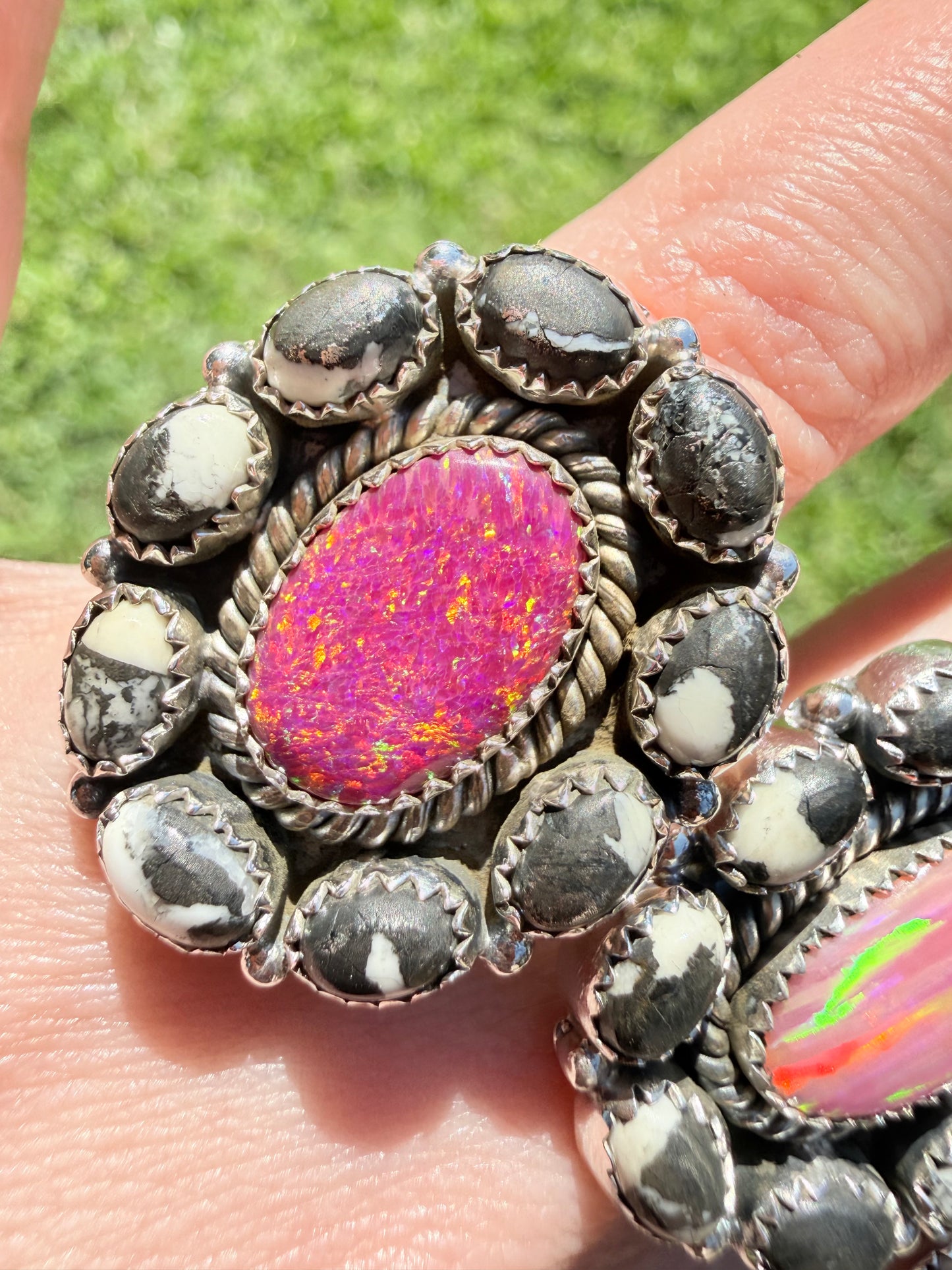 White Buffalo and Balloon Opal Full Flower Cluster Adjustable Sterling Silver Ring