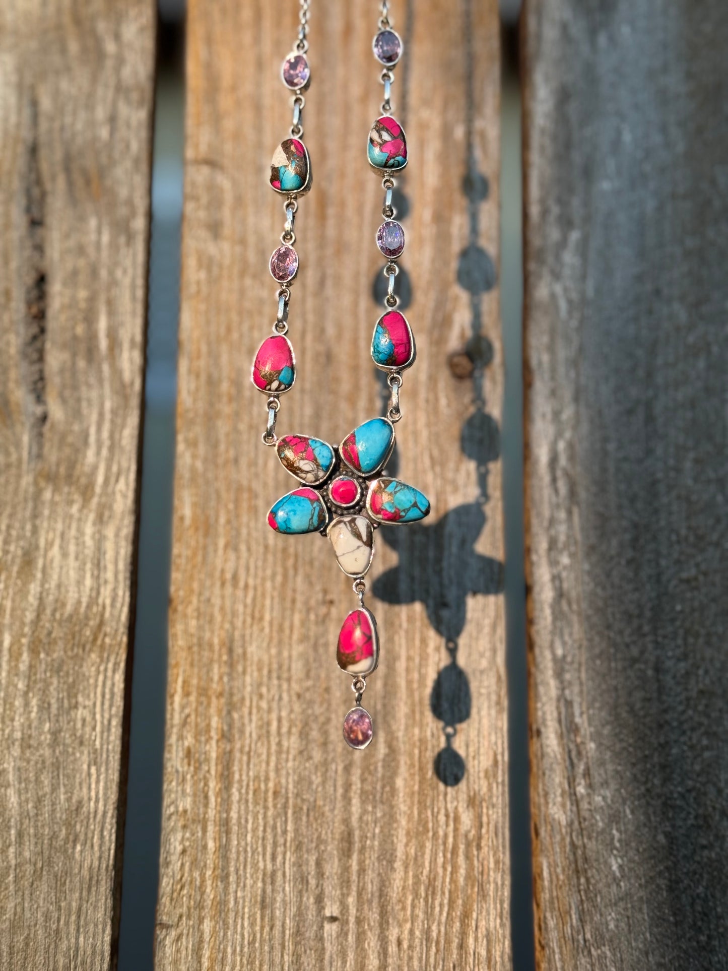 Cotton Candy Turquoise With CZ Crystals Colorful Stone Sterling Necklace 925