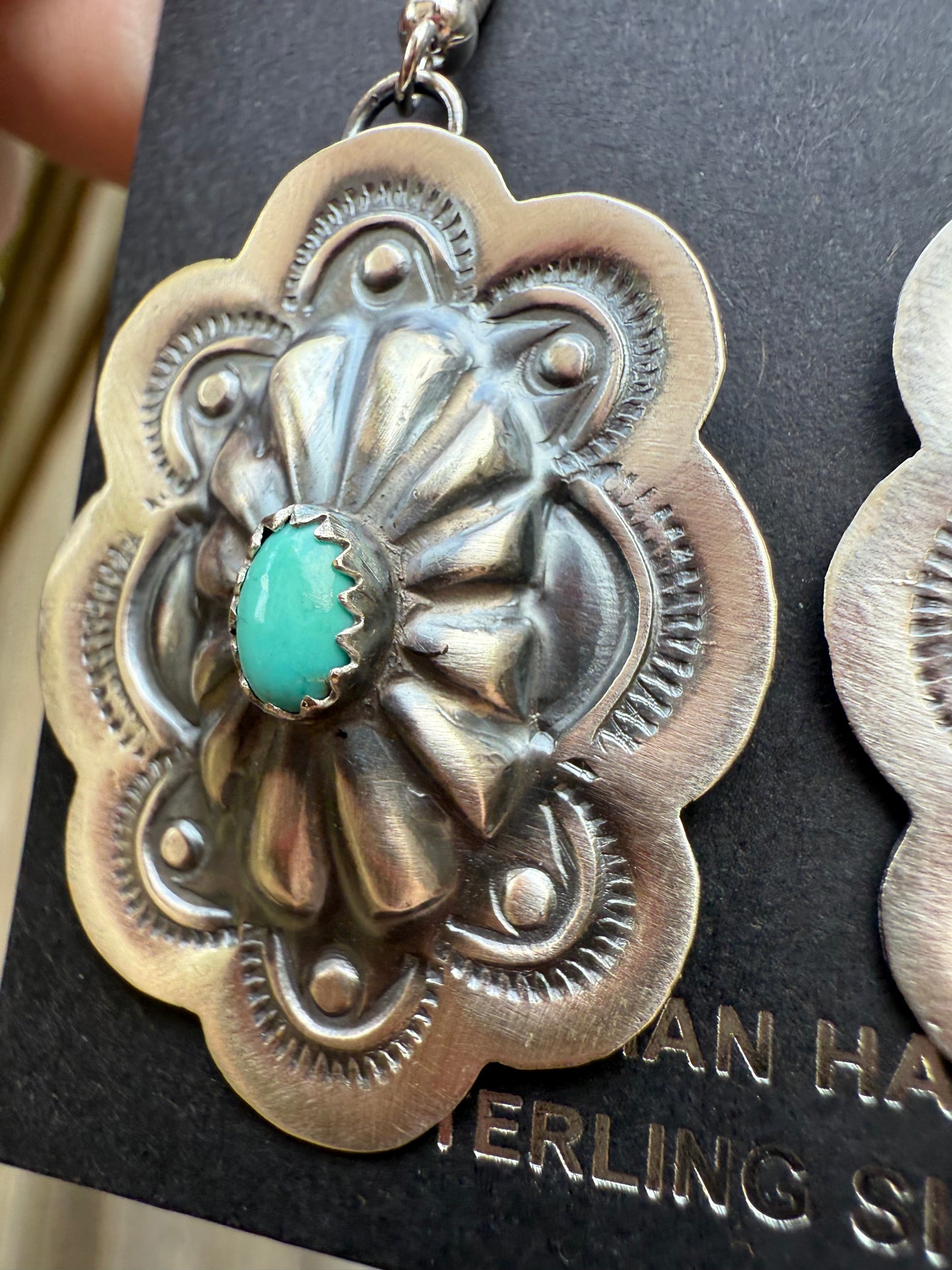 Navajo Turquoise Statement Concho Sterling Silver Earrings By Lavina Benally