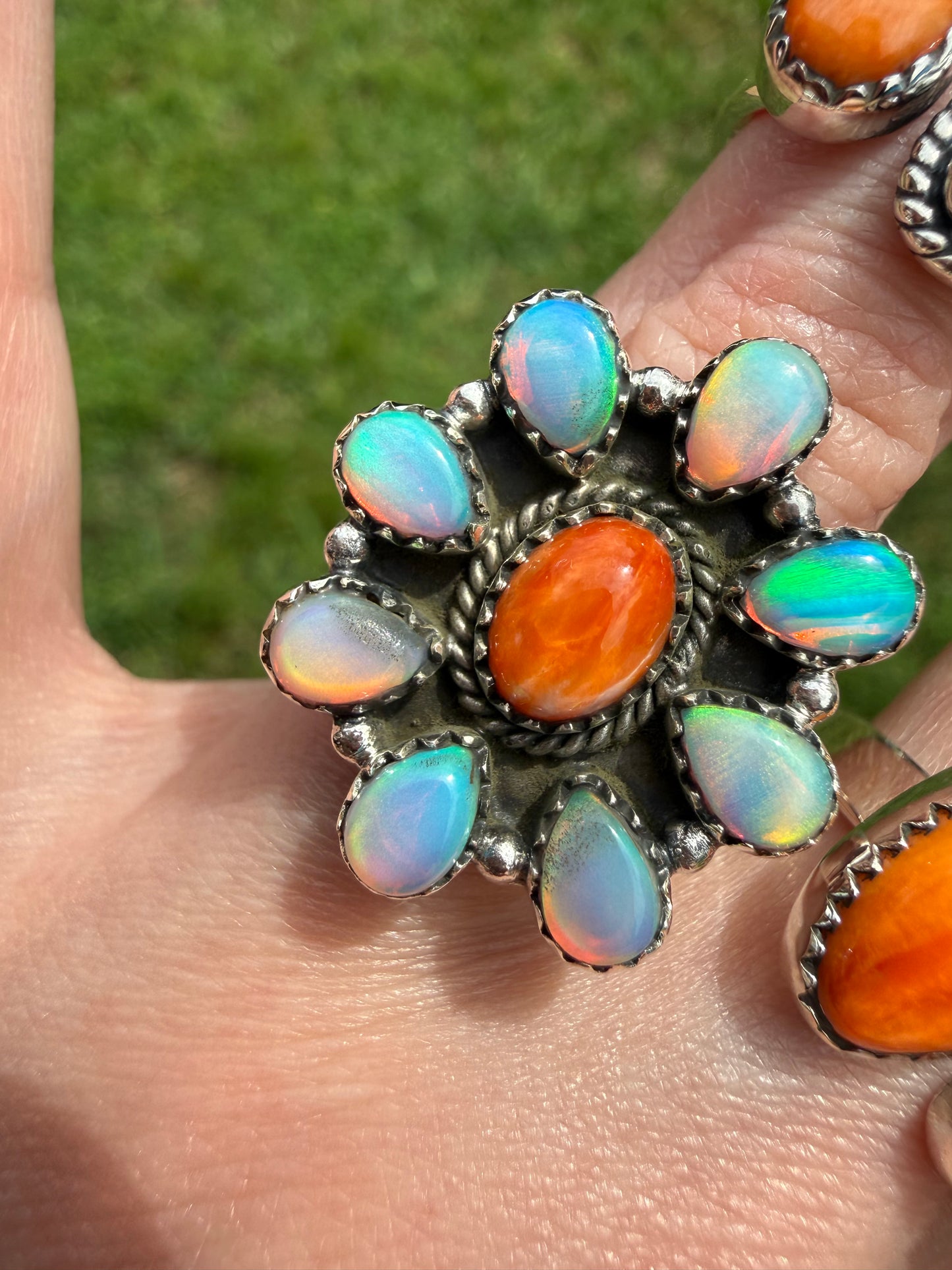 Orange Spiny and Balloon Opal Adjustable Sterling Silver Ring