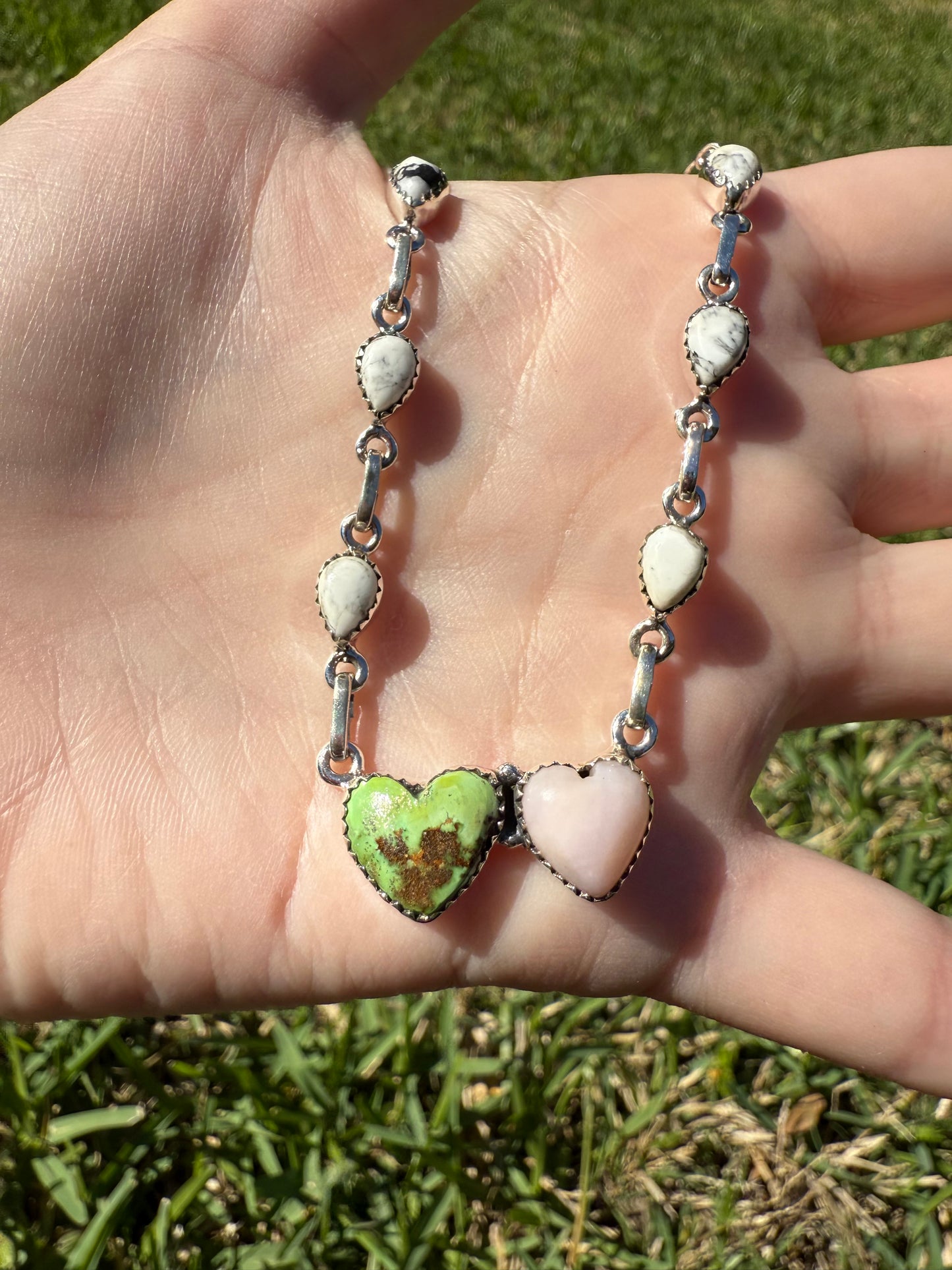 Sonoran Gold Turquoise, Pink Opal, White Buffalo Sterling Silver Necklace