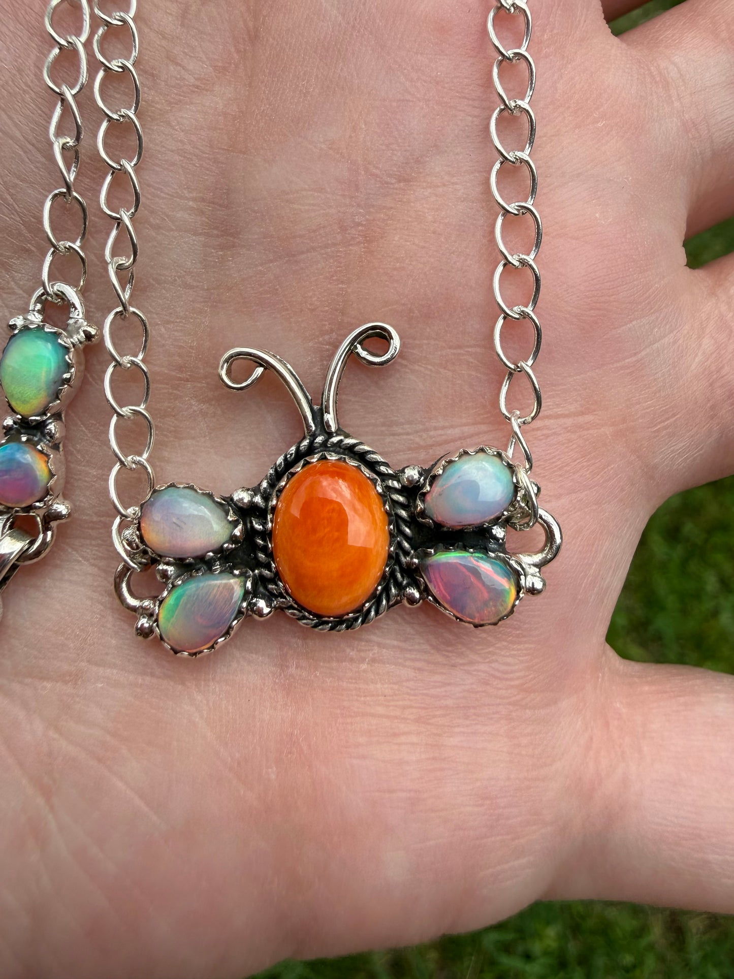 Orange Spiny and Balloon Opal Sterling Silver Adjustable Bracelet