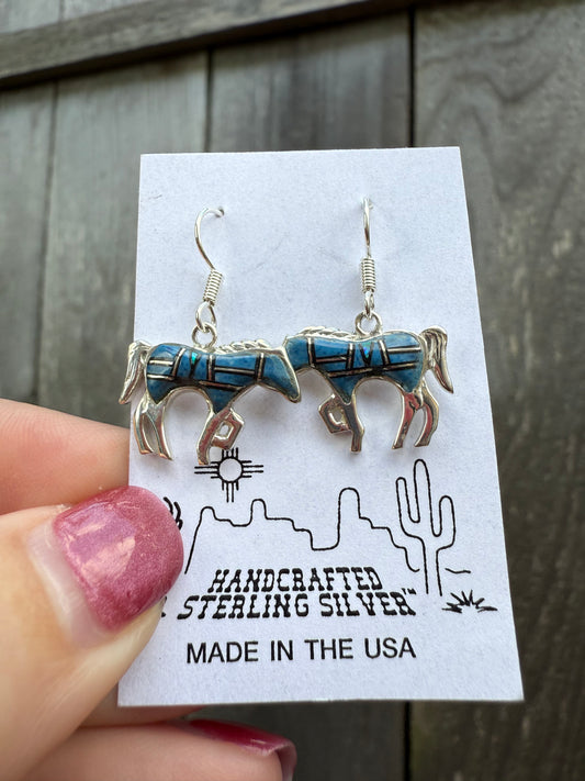 Blue Turquoise and Opal Inlay Horse Sterling Silver Earrings