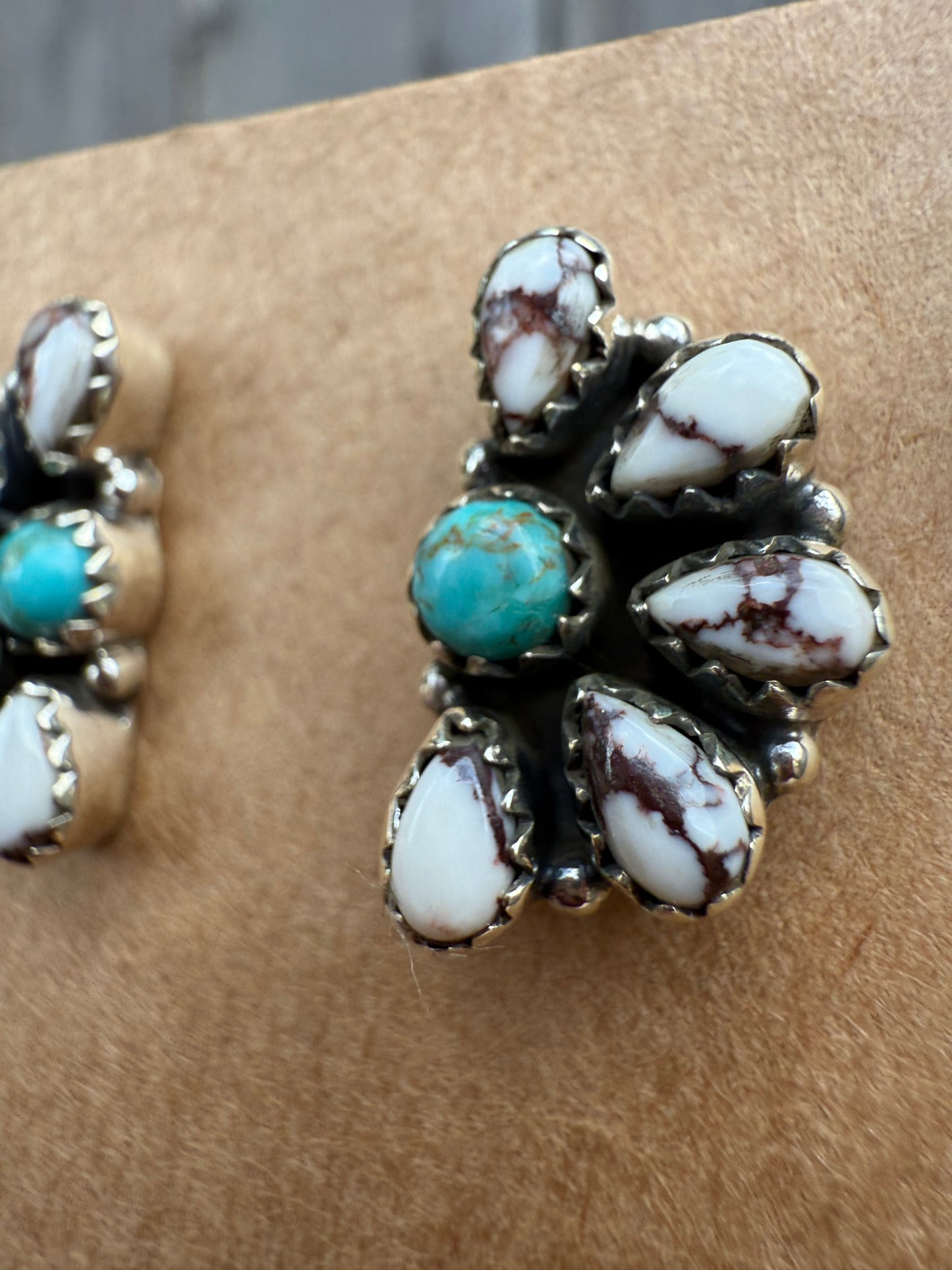 Turquoise and Wild Horse Half Flower Sterling Silver Earrings