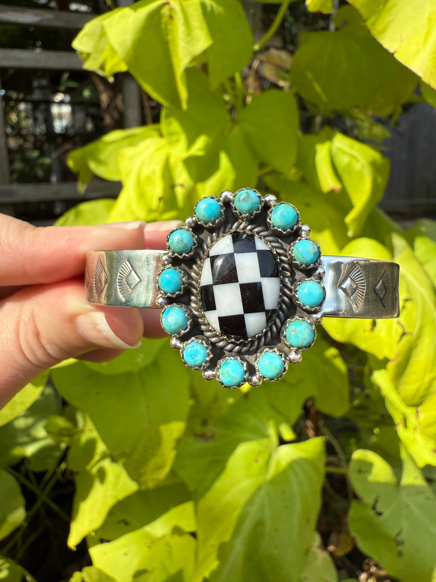 Turquoise and Checkered Flower Style Sterling Silver Cuff
