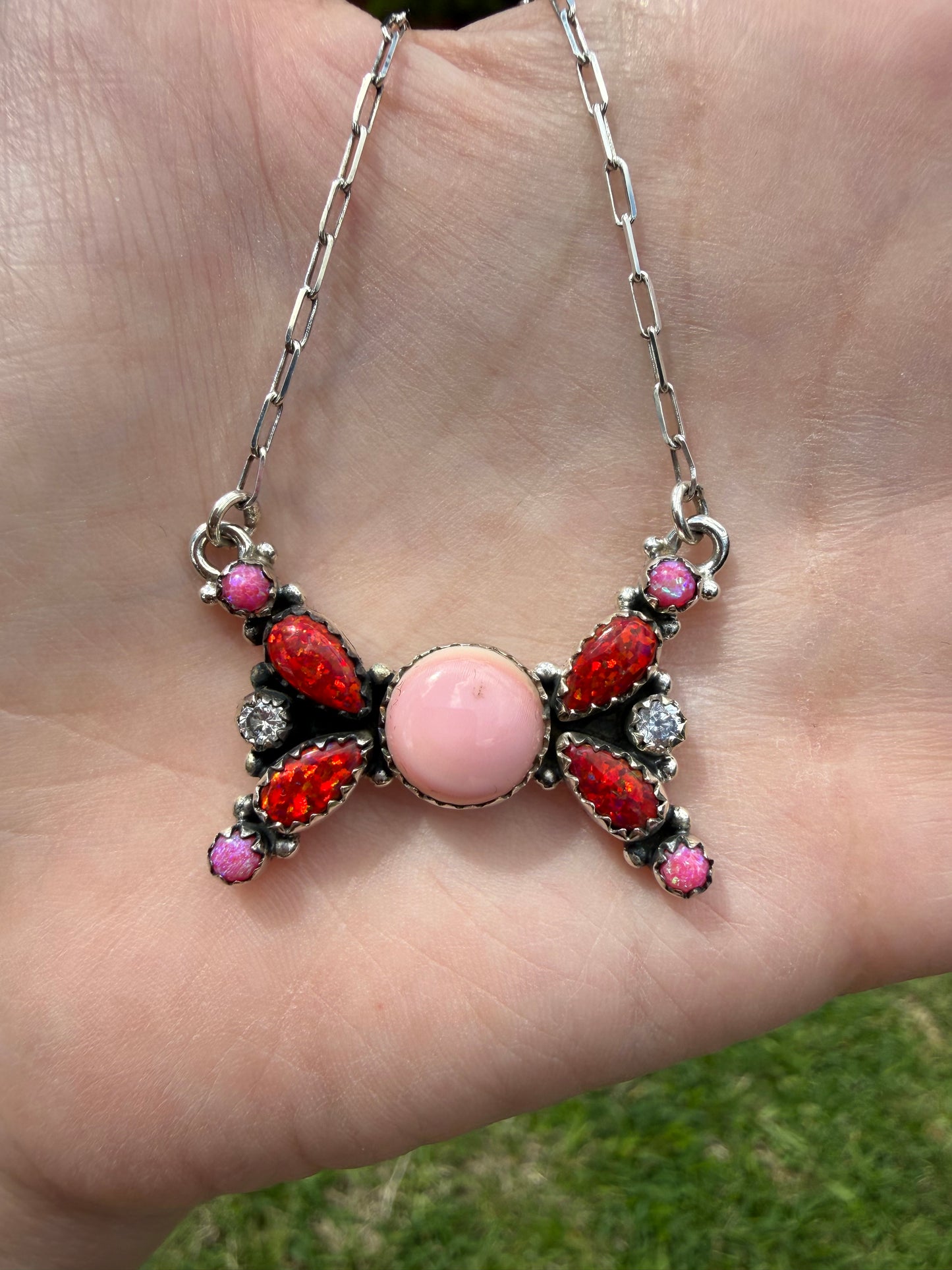 Pink Conch, Red and Pink Balloon Opal Sterling Silver 925 Necklace