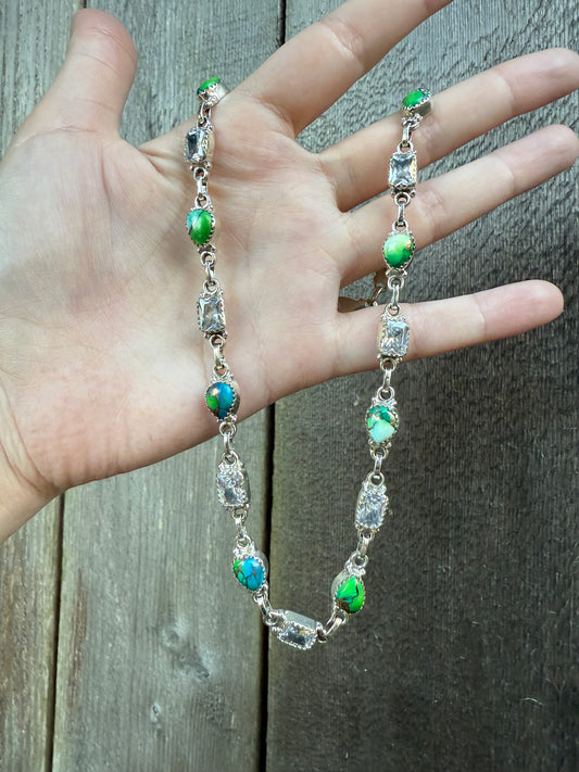 Peacock Dahlia And CZ Crystal Infinity Sterling Silver Necklace