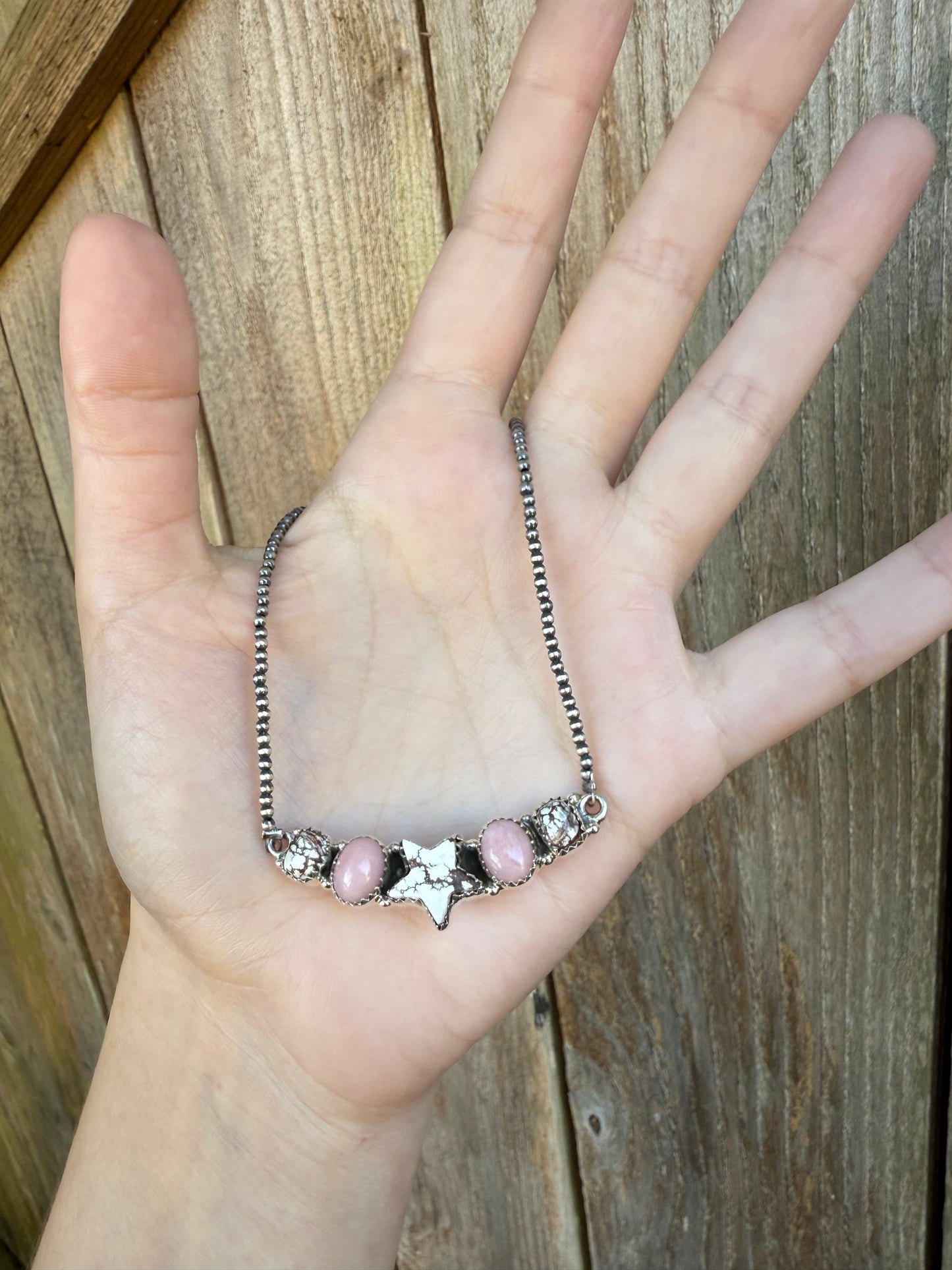 Wild Horse Pink Opal Star Desert Pearl Sterling Silver Necklace