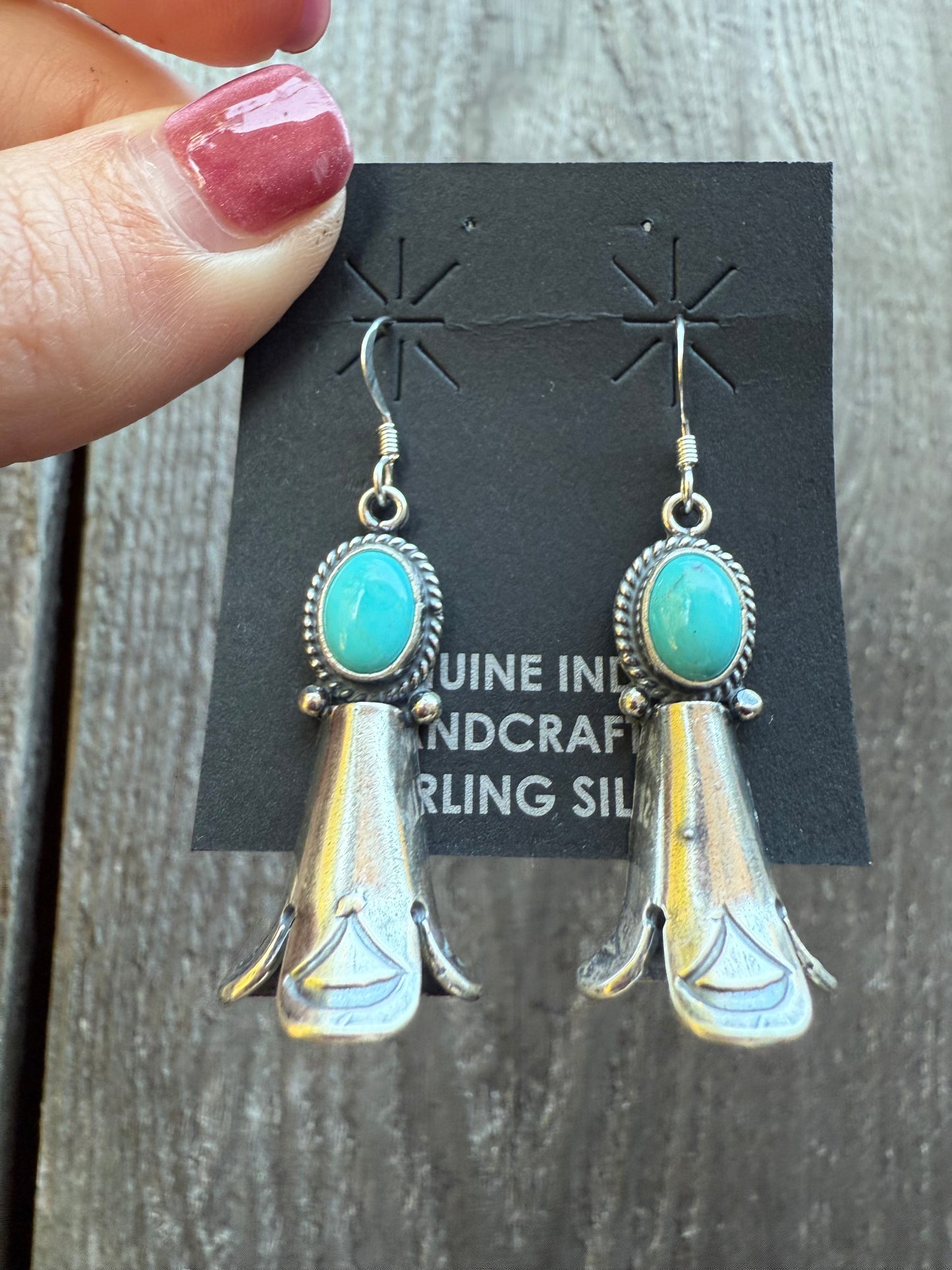 Navajo Turquoise Squash Blossom Horn Dangle Sterling Silver Earrings By Genevive Francisco
