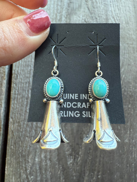 Navajo Turquoise Squash Blossom Horn Dangle Sterling Silver Earrings By Genevive Francisco