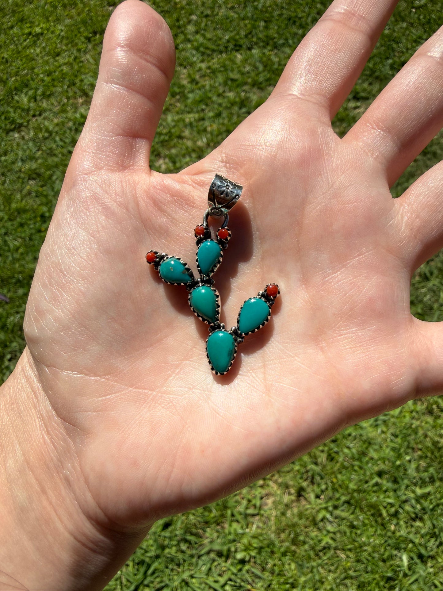 Kingman Turquoise and Coral Sterling Silver Pendant