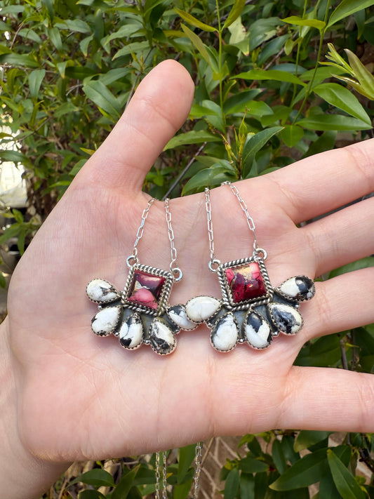 Red Rose Dahlia and White Buffalo Half Flower Cluster Necklace