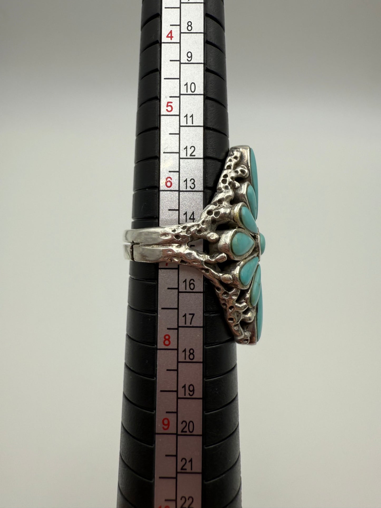 Inlayed Turquoise Statement Flower Sterling Silver Ring - Size 7 Adjustable