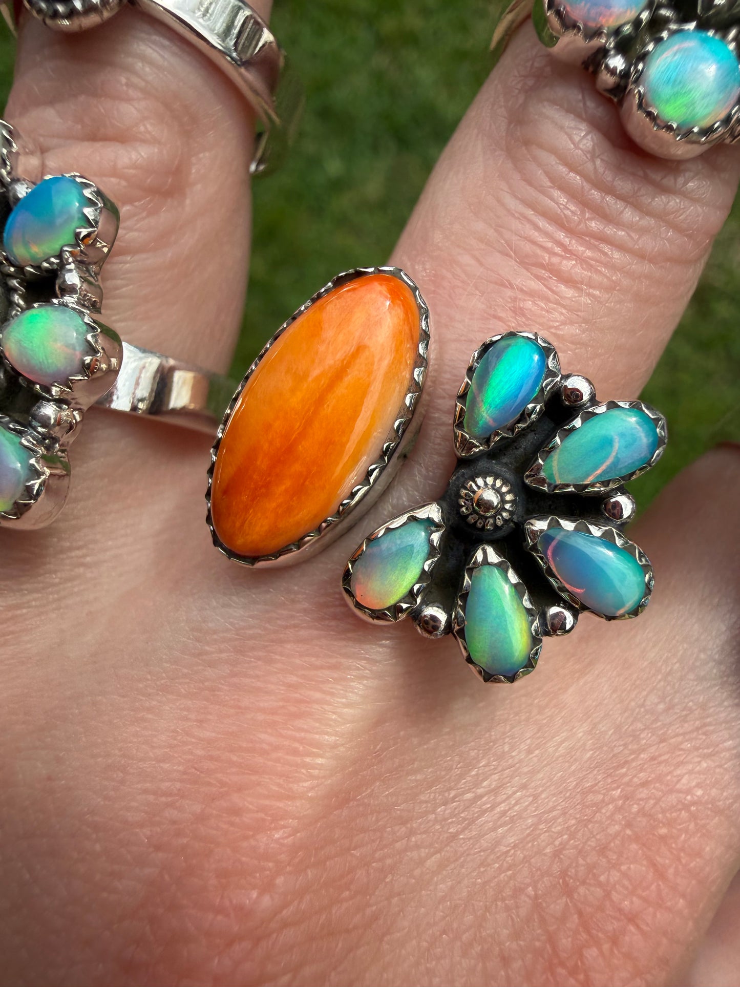 Orange Spiny and Balloon Opal Adjustable Sterling Silver Ring