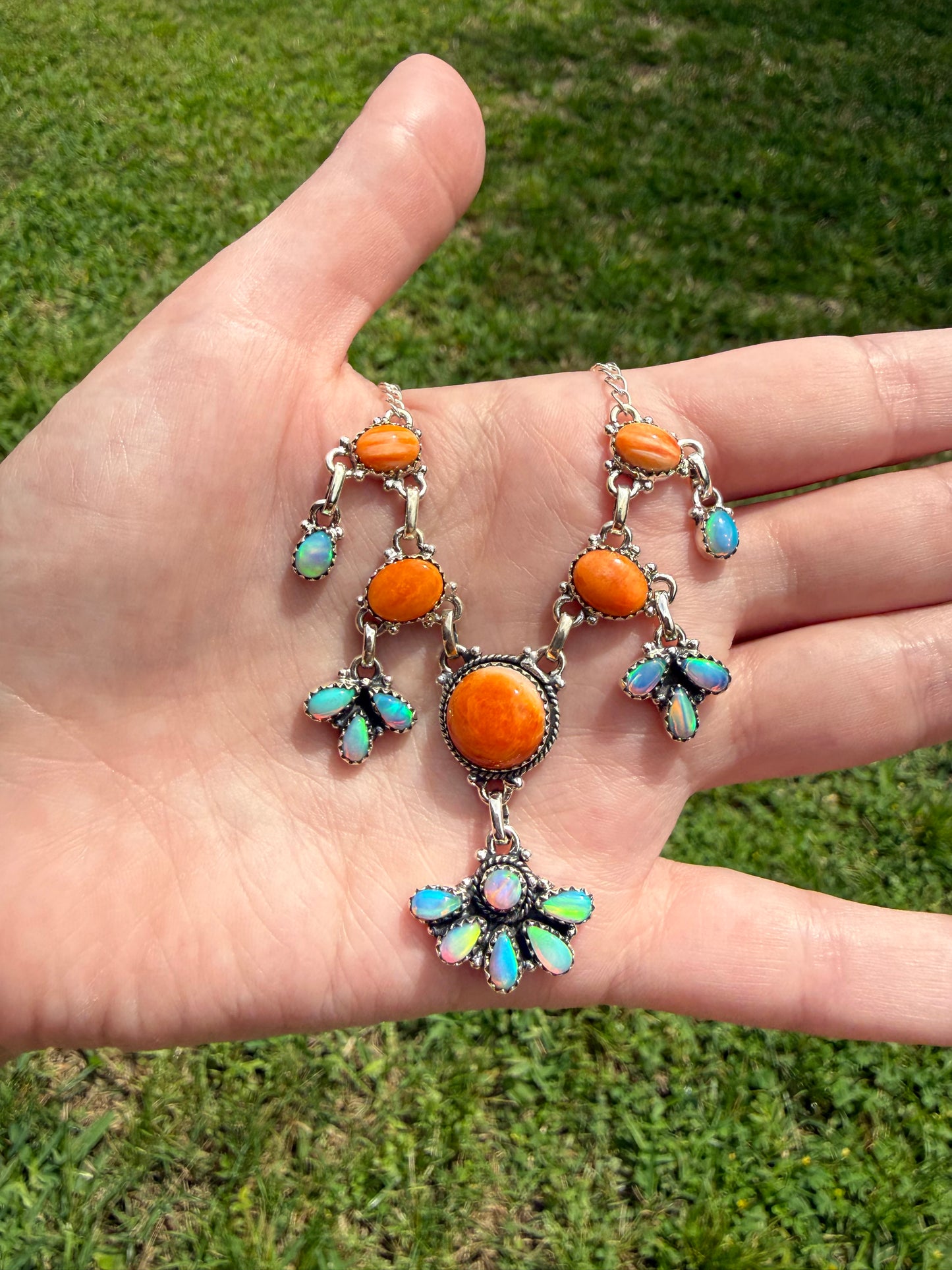 Orange Spiny and Balloon Opal Statement Sterling Silver Necklace