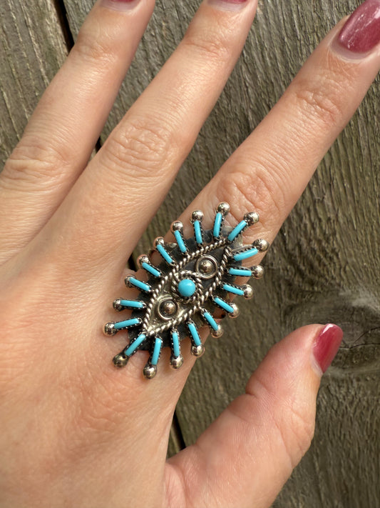 Zuni Needlepoint Turquoise Sterling Silver Ring - Size 8 3/4