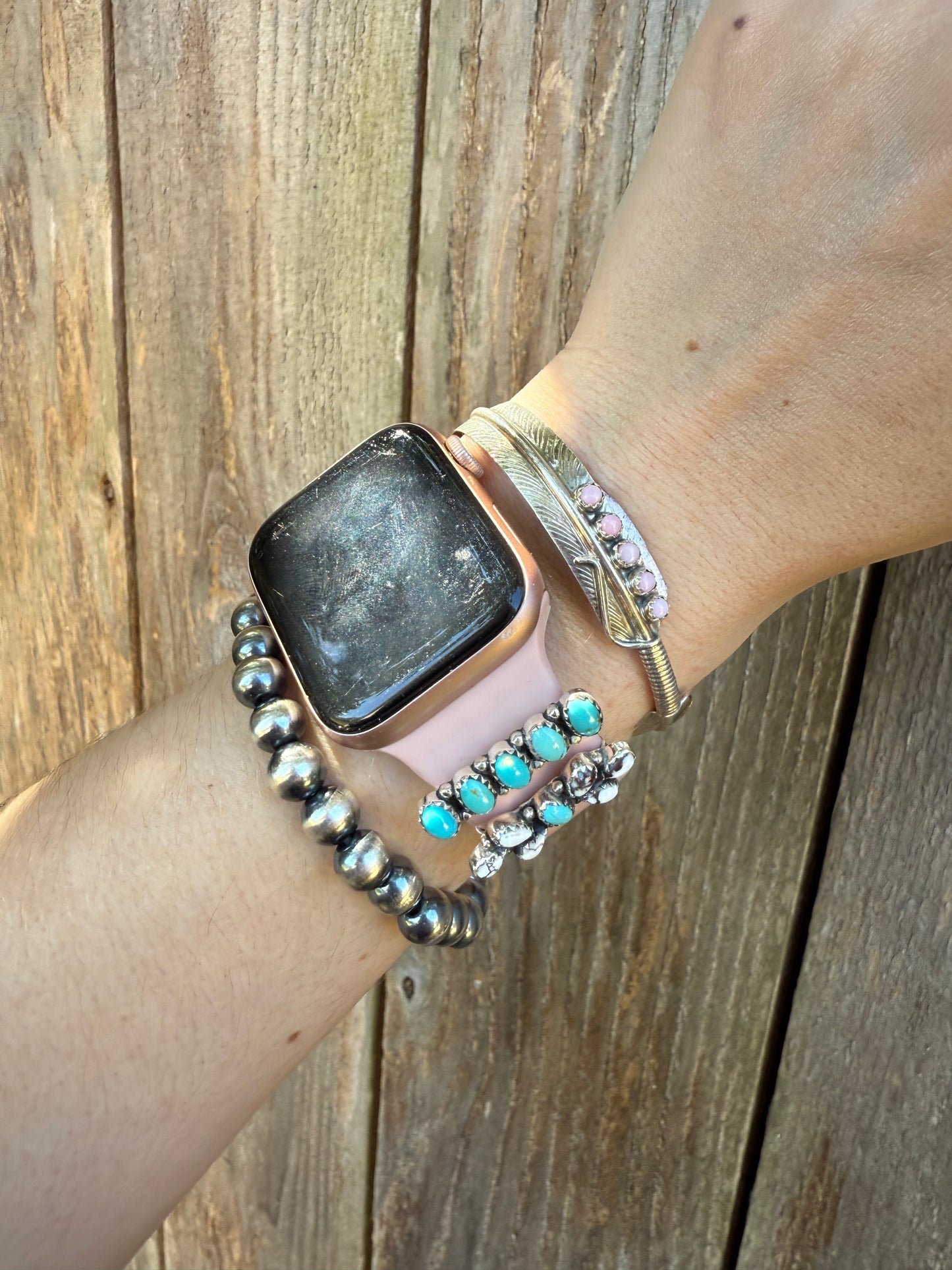 Navajo Pink Conch Feather Sterling Silver Cuff Bracelet by Aaron Davis