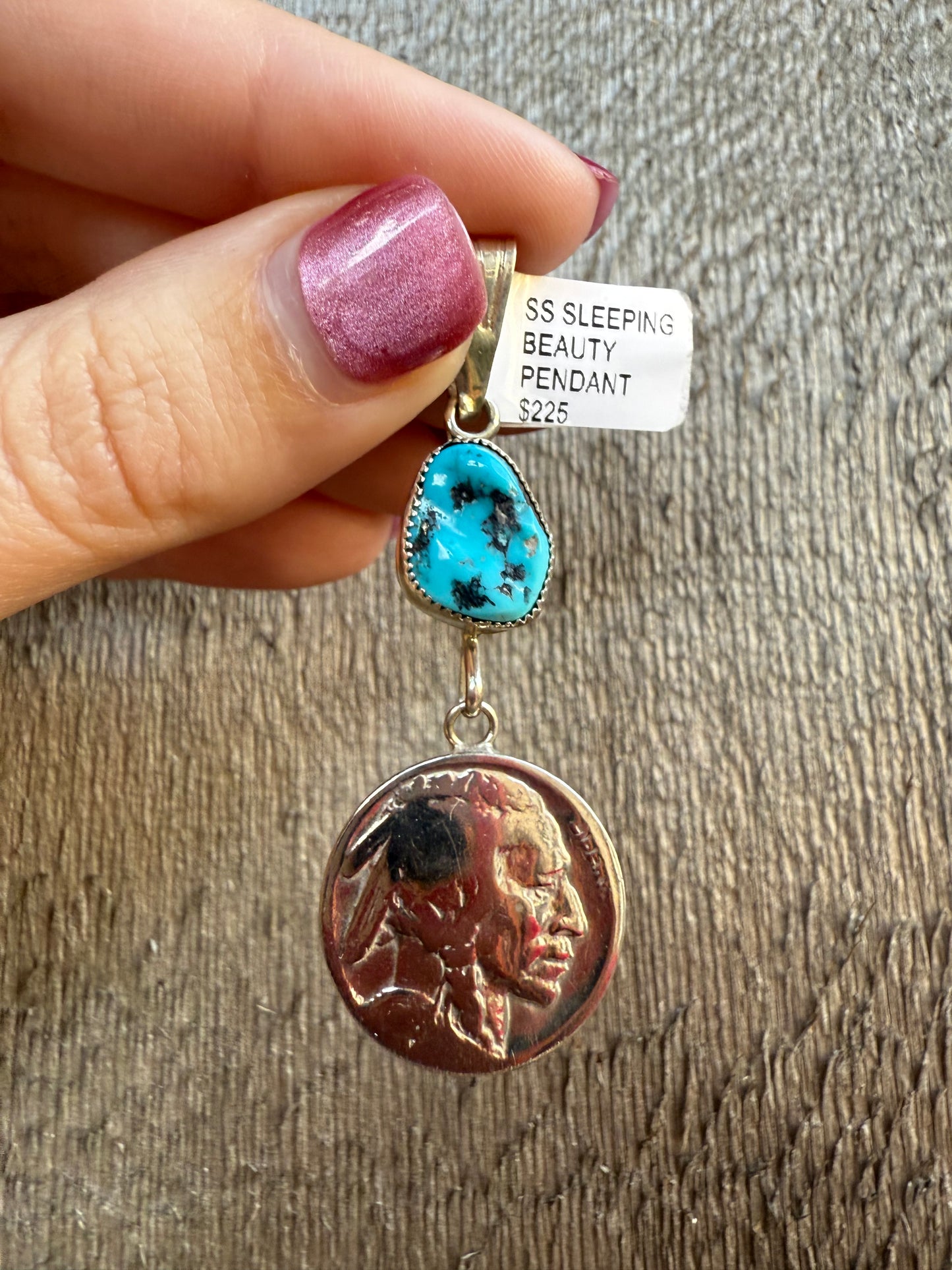 Navajo Sleeping Beauty Buffalo Nickel Pendant by Jerome Lee Sterling Silver 925