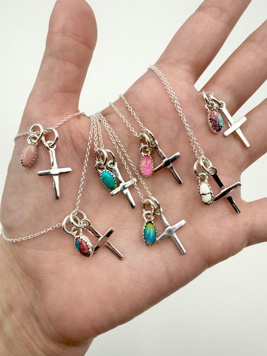 Sterling Silver Cross And Gemstone Charm Necklaces