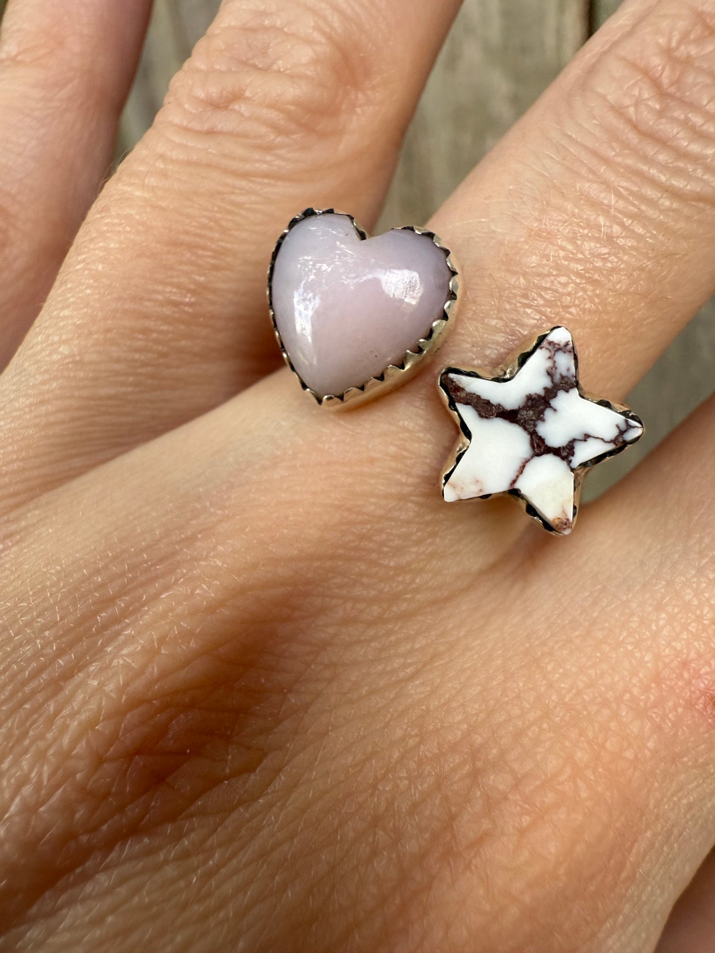 Wild Horse Star And Pink Opal Heart Floater Sterling Silver Ring