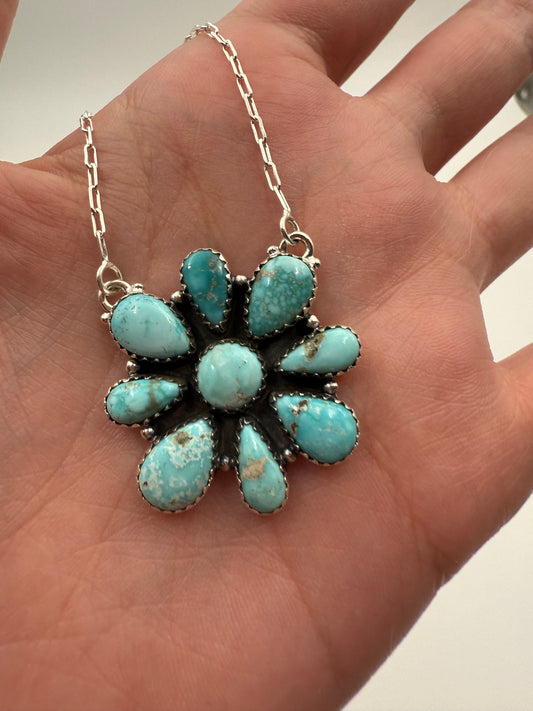 White Water Turquoise Full Flower Silver Paperclip Chain Necklace