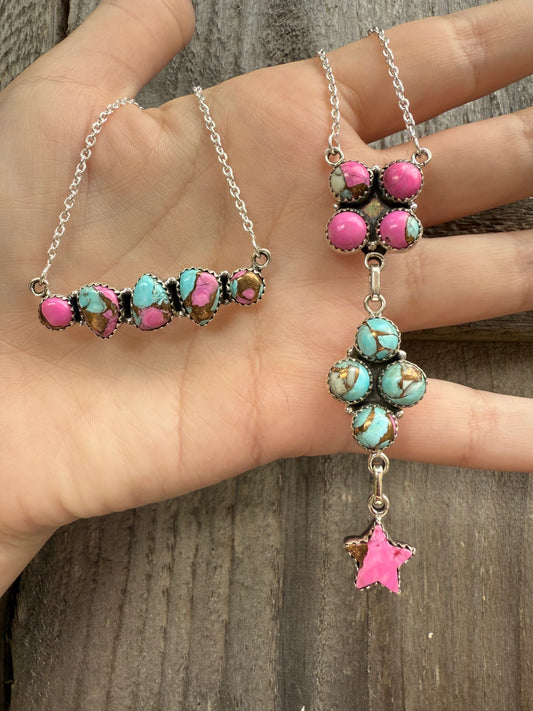 Cotton Candy Turquoise Sterling Silver Bar and Lariat Necklace