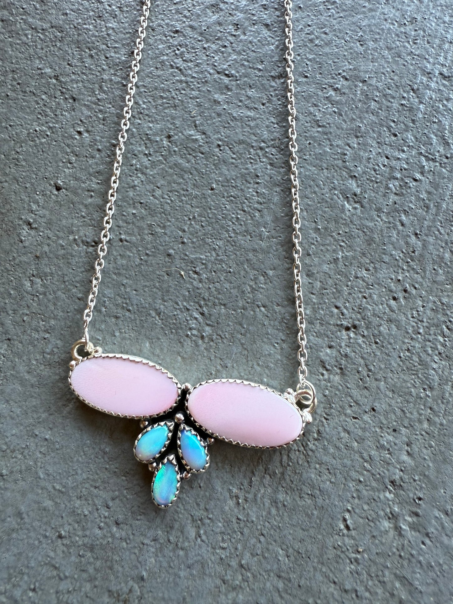 Pink Conch Gemstone and Blue Opal Stone Necklace 925 Sterling Silver