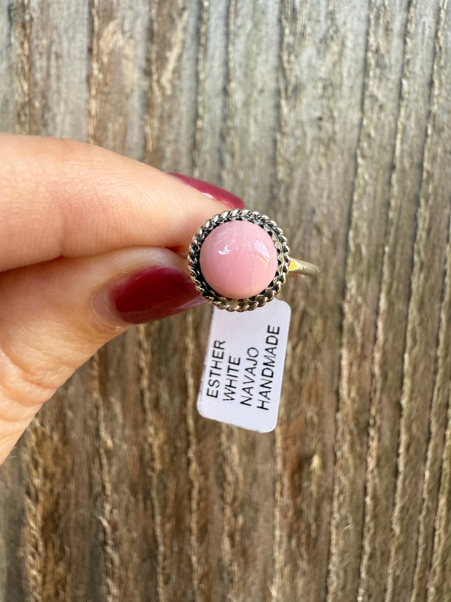 Navajo Pink Conch Esther White Sterling Silver Ring -Size 7.5