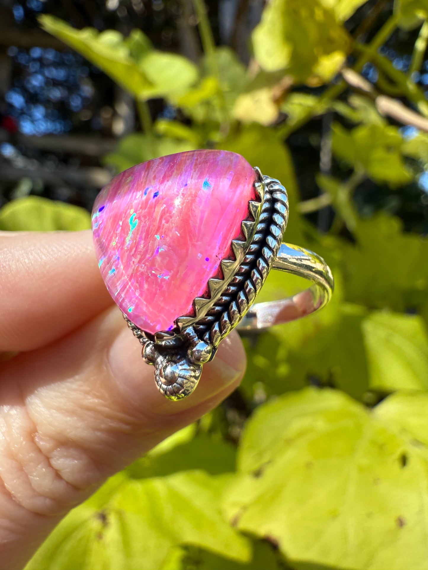 Hot Pink Opal Sterling Silver Ring